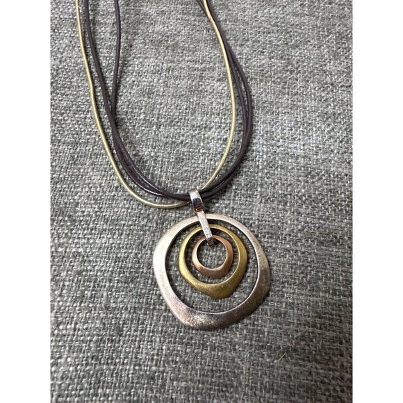 Layered Circle Pendant Necklace With Black Gold Cord & Adjustable Chain - Picture 4 of 6